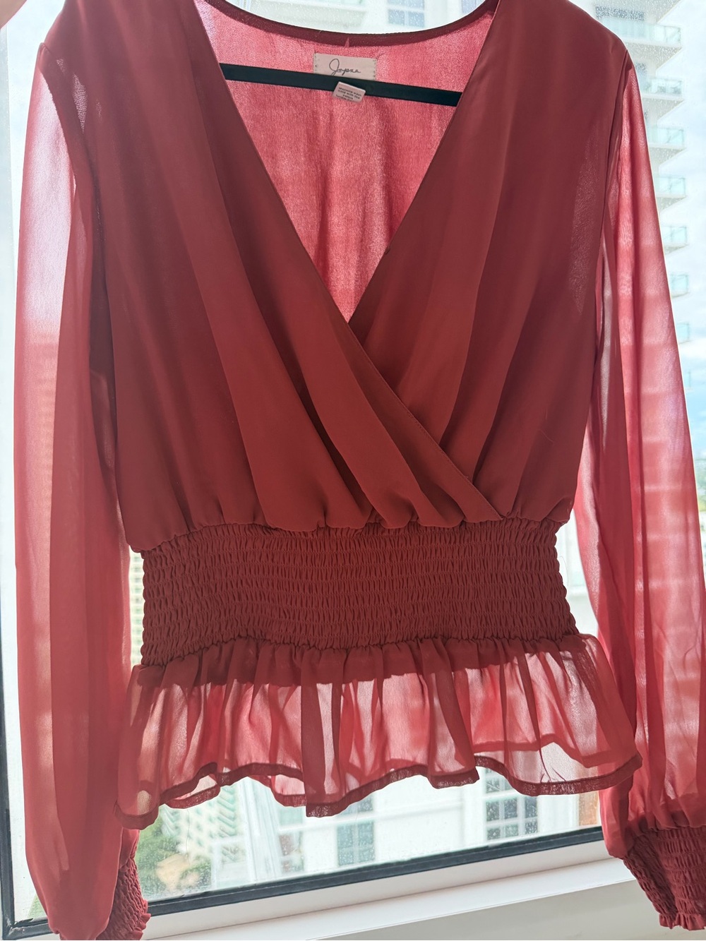 Burgundy Sheer Blouse with Smocked Waist